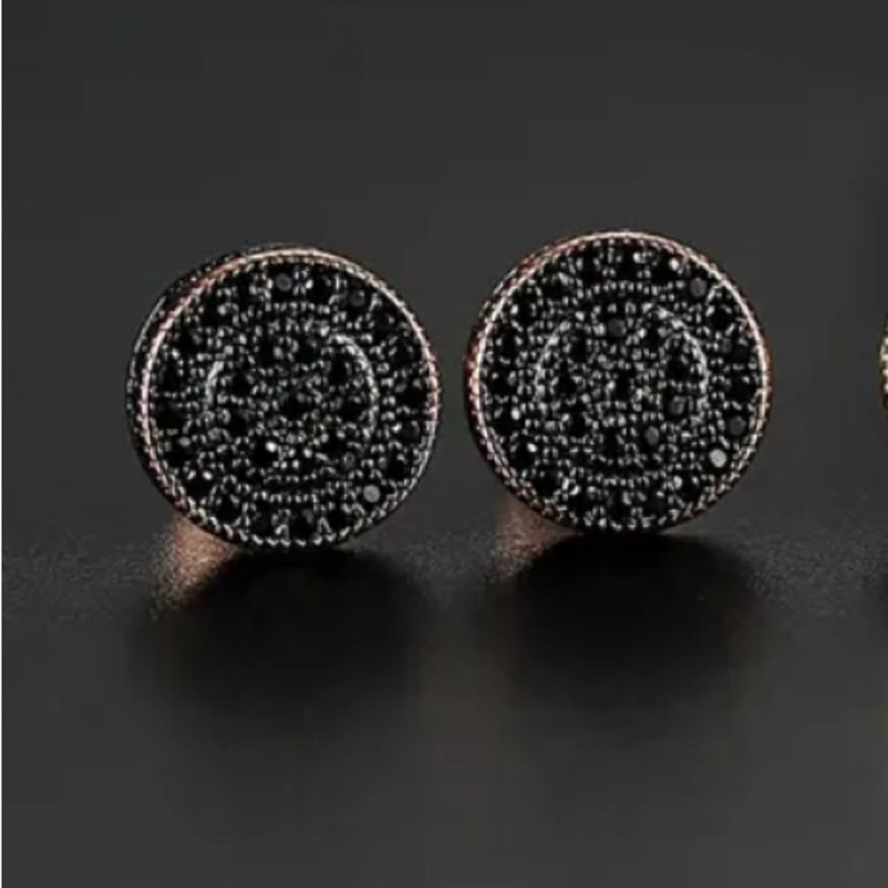 Small Round Black and Gold Stud Earrings for Women - Picture 3 of 5